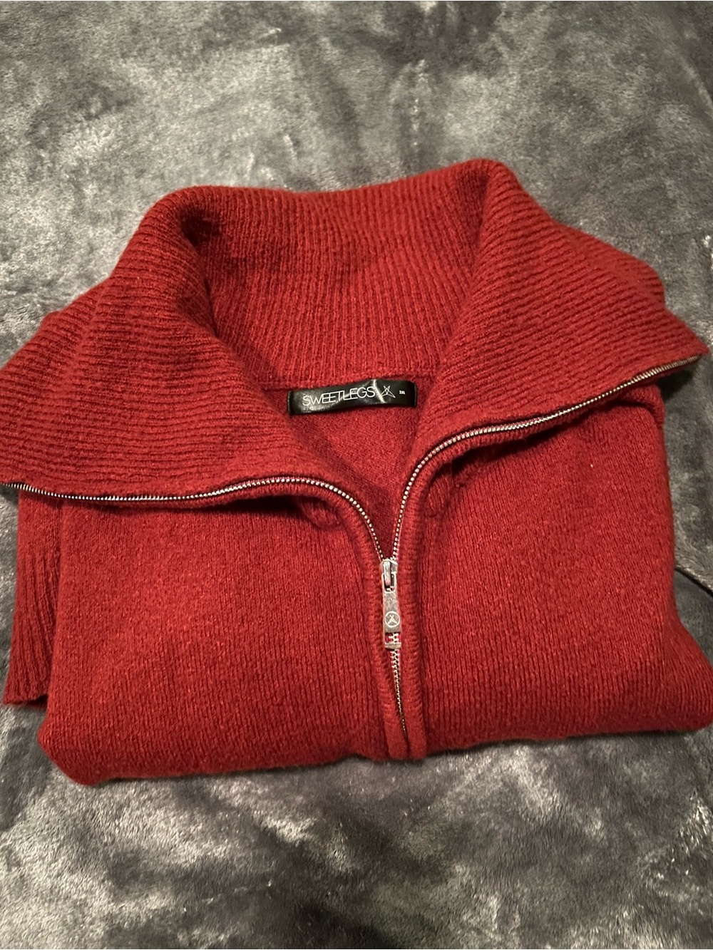 Sweetlegs Women's Red Zip-Up Sweater with Ribbed Funnel Collar